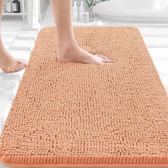 OLANLY Bathroom Rugs 30x20, Extra Soft Absorbent Chenille Bath Rugs | Peach, Quick-Drying Rubber Backing, Machine Washable Bath Mat for Bathroom Floor, Tub and Shower, Home Decor Accessories
