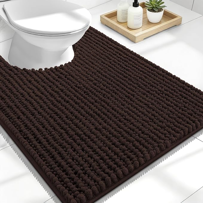 OLANLY Thick Chenille Toilet Rugs U-Shaped 24x20, Brown | Soft Absorbent Shaggy Contour Bathroom Rugs for Toilet, Dry Quickly, Machine Washable, Non-Slip Bath Mat