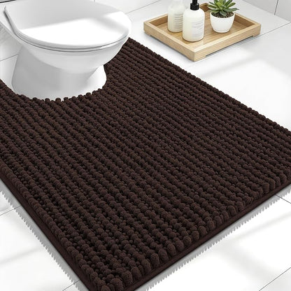 OLANLY Thick Chenille Toilet Rugs U-Shaped 24x20, Brown | Soft Absorbent Shaggy Contour Bathroom Rugs for Toilet, Dry Quickly, Machine Washable, Non-Slip Bath Mat