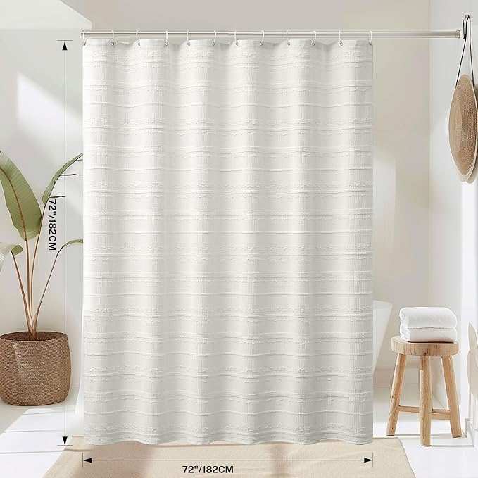 Farmhouse White Shower Curtain Boho, 72 x 72 Cotton Blend Tufted Weave Waffle Stripe Textured Heavy Duty, Fabric Shower Curtain for Bathroom, Hotel