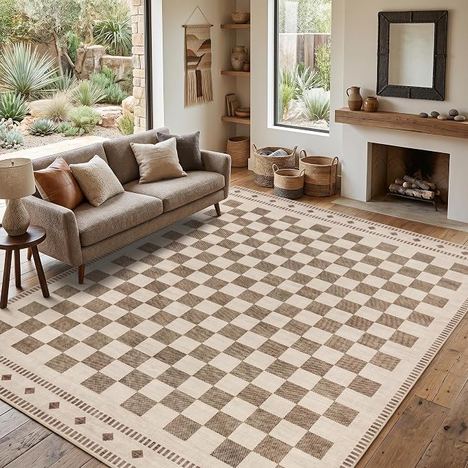Garvee Washable 5x7 Rugs for Living Room Beige Checkered Non Slip | Low Pile Bedroom Rugs Geometric Low Pile Stain Resistant Carpet for Nursery Office Dining Room Classroom 5'x7' Beige