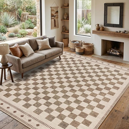 Garvee Washable 5x7 Rugs for Living Room Beige Checkered Non Slip | Low Pile Bedroom Rugs Geometric Low Pile Stain Resistant Carpet for Nursery Office Dining Room Classroom 5'x7' Beige