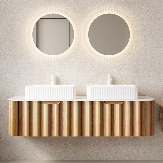 Yayzy 60" Floating Bathroom Vanity with Sink, Solid Wood Fluted Cabinet, White Fluted Square Ceramic Basin & Faux Marble Top, Soft-Close Drawer, Pre-Assembled, Natural Woodgrain