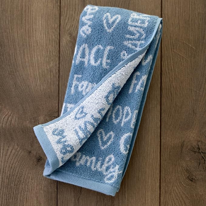SKL Home Faithful Words Hand Towel Set-2pc, 100% Cotton Jacquard, Blue | Plush & absorbent terry. Pattern colors reverse on back side. For use in the bathroom, kitchen, or any sink space.