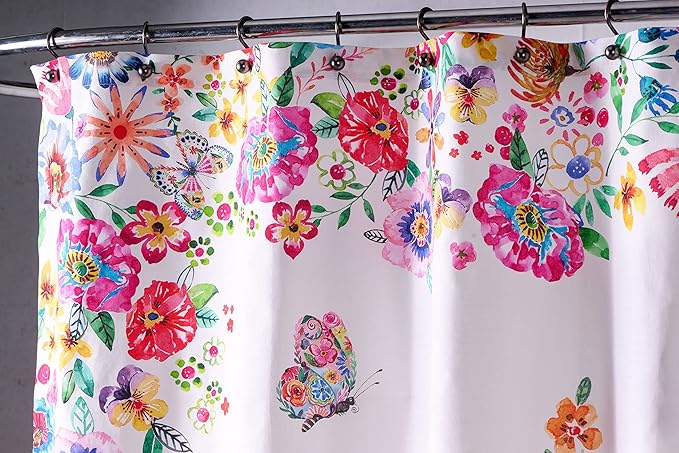 Maison d' Hermine Shower Curtain 100% Cotton One Panel 70"x72" Washable Fabric Shower Curtains for Bathroom, Easy Hanging with 12 Button Holes - Spa Easter Gifts (Happy Florals - High Summer)