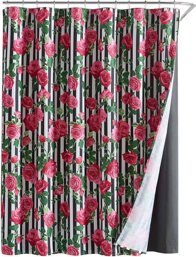 Betsey Johnson - Shower Curtain Set, Printed Polyester Curtain with Shower Liner & 12 Pack Curtain Hooks, Floral Stripe Design, Machine Washable, 72" x 72" (Avantgarde Rose Pink)