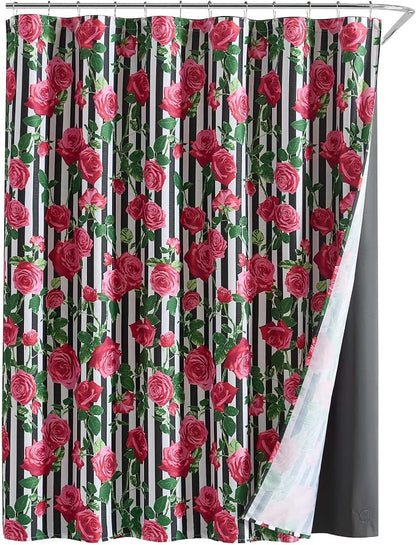 Betsey Johnson - Shower Curtain Set, Printed Polyester Curtain with Shower Liner & 12 Pack Curtain Hooks, Floral Stripe Design, Machine Washable, 72" x 72" (Avantgarde Rose Pink)