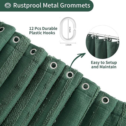 Extra Long Dark Green Shower Curtain Boho, 72 x 78 Cotton Blend Waffle Weave Stripe Textured Heavy Duty, Fabric Shower Curtain for Bathroom