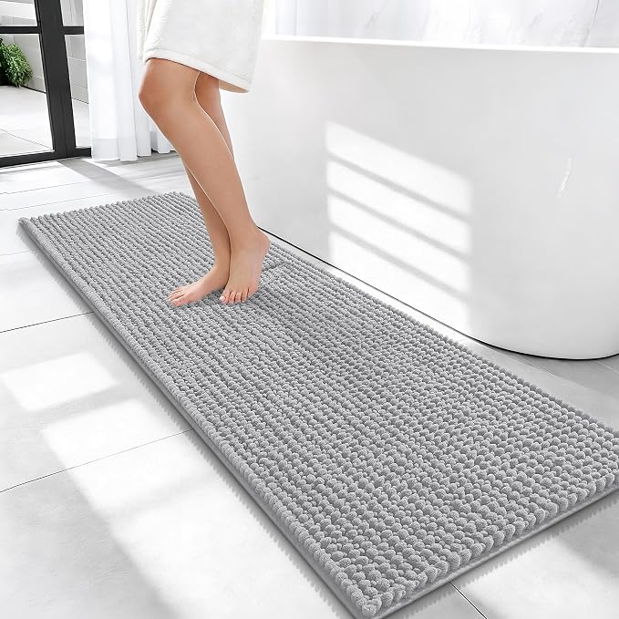 OLANLY Thick Chenille Bathroom Runner Rugs Mats 47x17, Light Grey | Soft Absorbent Bath Rugs, Rubber Backing, Machine Wash Dry, Bath Mats for Bathroom, Tub and Shower, Home Decor Accessories