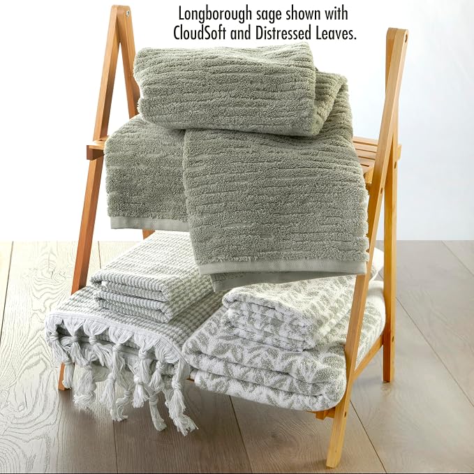 SKL Home Longborough Bath Towel, 100% Turkish Cotton, Sage | 640 GSM weight. Spa-level quality. Soft & absorbent jacquard with hand-knotted tassels.
