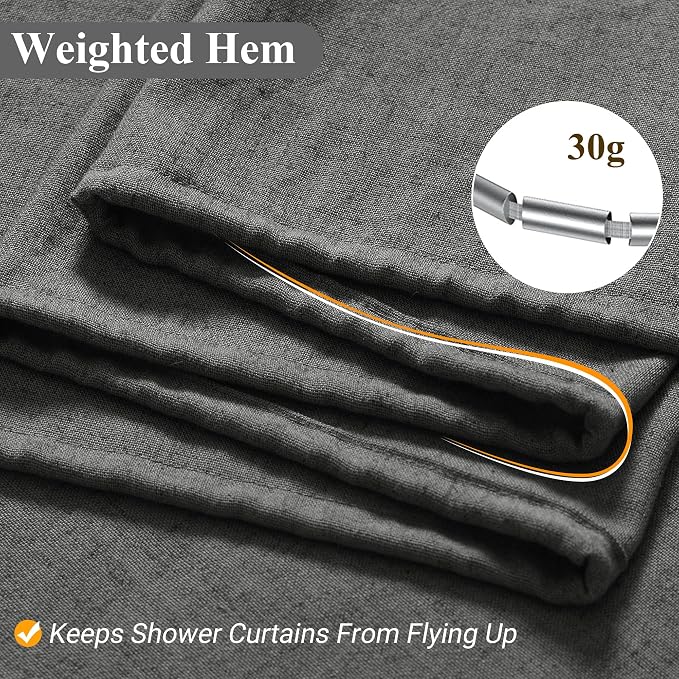 Dark Grey Linen Shower Curtain, Country Boho Farmhouse Bath Decor Shower Curtains Neutral Cloth Weighted Textured Fabric Bath Curtain Liner with Hooks, 72x80