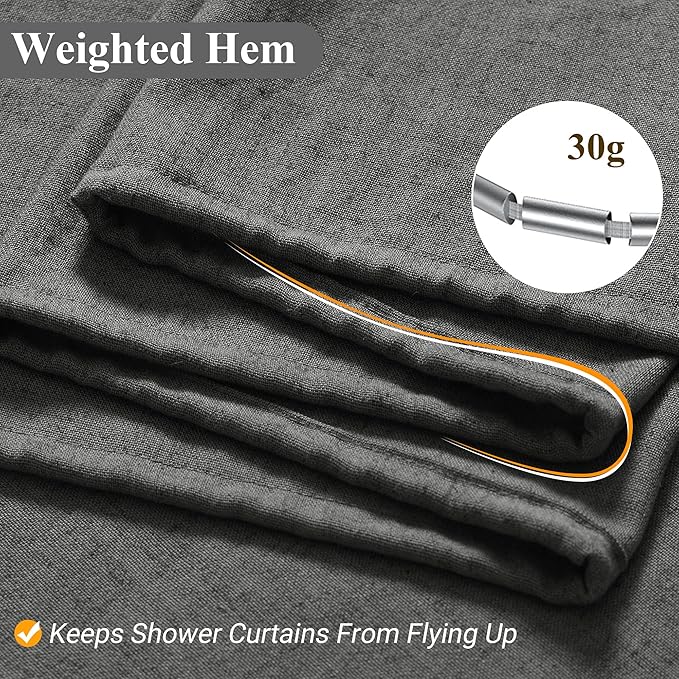 Dark Grey Linen Shower Curtain, Country Boho Farmhouse Bath Decor Shower Curtains Neutral Cloth Weighted Textured Fabric Bath Curtain Liner with Hooks, 72x72