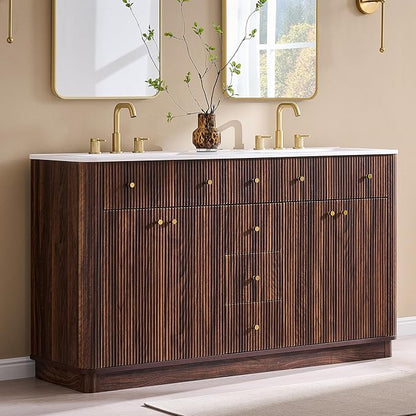 T4TREAM 60 Inch Bathroom Vanity with Sink, Modern Fluted Large Double Sink Bathroom Vanity with 2 Storage Cabinets, Adjustable Shelf, and 3 Small Drawers, Dark Walnut