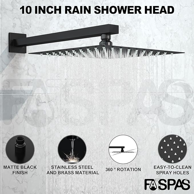Shower System with Tub Spout, 10-Inch High-Pressure Rain Showerhead and Handheld Combo, Matte Black Shower Faucet Set with Rough-in Valve and Trim, Wall Mounted 3-Way Shower Set