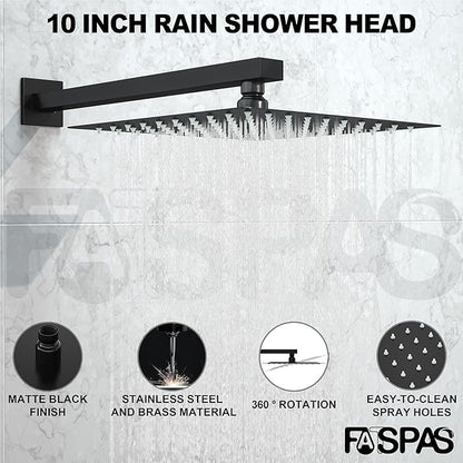 Shower System with Tub Spout, 10-Inch High-Pressure Rain Showerhead and Handheld Combo, Matte Black Shower Faucet Set with Rough-in Valve and Trim, Wall Mounted 3-Way Shower Set