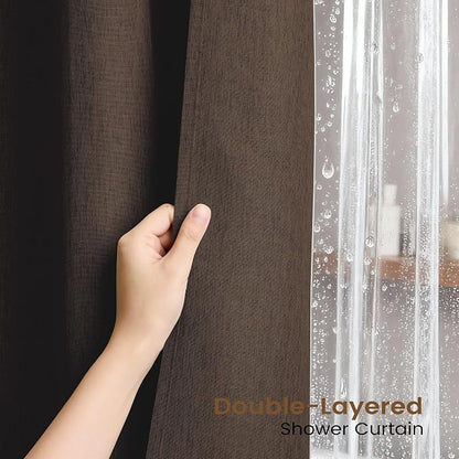 BTTN 3 in 1 Shower Curtain Set - 96 Inch Extra Long Linen Textured Cloth Shower Curtain Liner with Plastic Hooks and 3 Magnets, Tall Modern Hotel Waterproof Shower Curtain for Bathroom, Brown,72x96