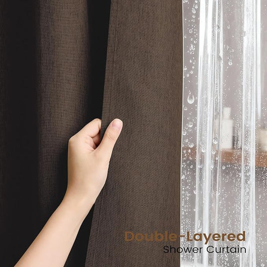 BTTN 3 in 1 Shower Curtain Set - 96 Inch Extra Long Linen Textured Cloth Shower Curtain Liner with Plastic Hooks and 3 Magnets, Tall Modern Hotel Waterproof Shower Curtain for Bathroom, Brown,72x96