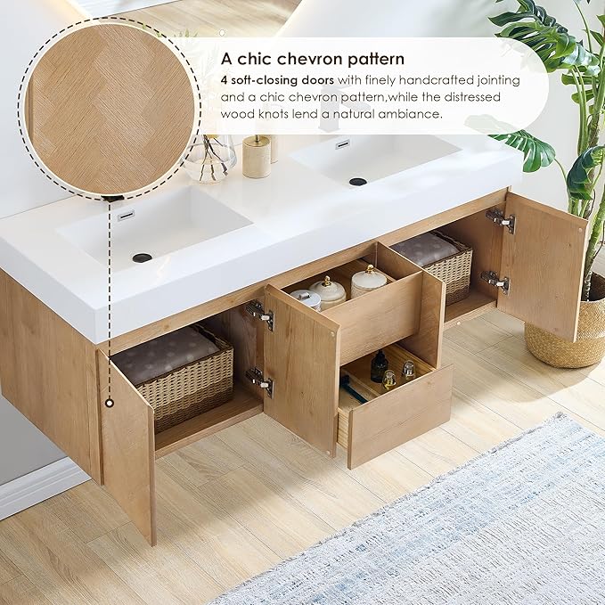 60 Inch Floating Sink Bathroom Vanity Wall Mount Double Vanities Overflow Mordern Large Storge Cabinet with Ceramic Countertop Double Soft Closing Drawers Pre-Assembled