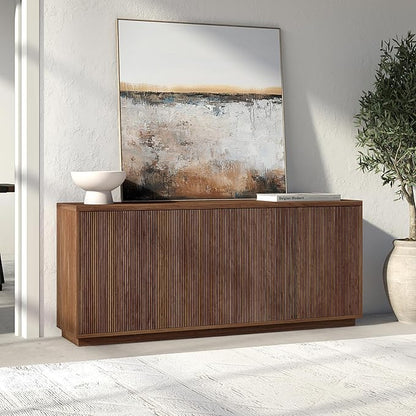 Henn&Hart 68" Fluted Sideboard Buffet Cabinet, Ribbed Modern Wooden Credenza with 4 Doors, Adjustable Shelves, and Cable Management Cut-Outs for Dining Room, Kitchen, or Living Room, Medium Walnut