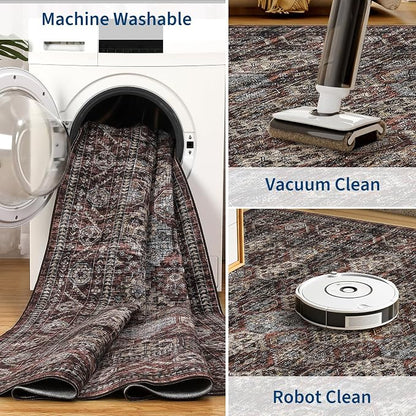 Washable Floral 2x6 Kitchen Rugs, Vintage Distressed Print Non Slip Hallway Runner, Retro Accent Ultra Thin Low Pile Throw Carpet for Entryway Bedroom Laundry Bathroom, Vintage Red