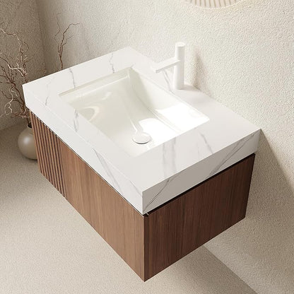 Ambrovina 30" Floating Bathroom Vanity with Sink, Modern Plywood Bathroom Storage Cabinet with Drawer and Door, Carrara White Sintered Stone Countertop, White Ceramic Basin, Pre-Assembled, Dark Oak