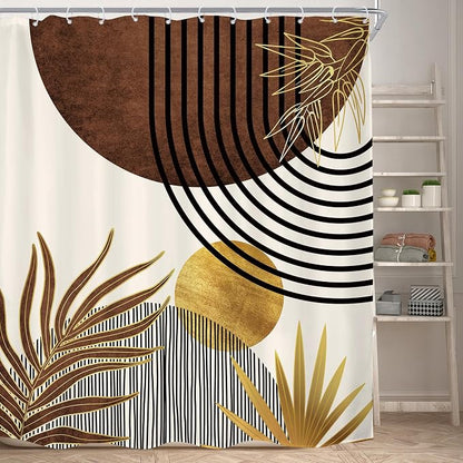 Mid Century Brown Boho Abstract Modern Retro Bathroom Shower Curtain Set | 72Wx78H Tan Gold design, waterproof HD print with fast-drying fabric and 12 hooks.