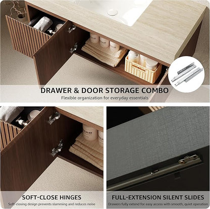 48” Floating Bathroom Vanity with Sink, Wall-Mounted Cabinet with Drawer & Doors, Roma Travertine-Pattern Countertop, Undermount Basin, 3 Faucet Hole, Soft-Close, Pre-Assembled, Brown Oak