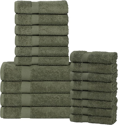 SUPERIOR 18-Piece Cotton Assorted Towel Set, Includes 8 Face Towel, 6 Hand, and 4 Bath Towels, Home, Bathroom, Guest Bath Essentials, Quick Dry, Absorbent, Franklin Collection - Forest Green