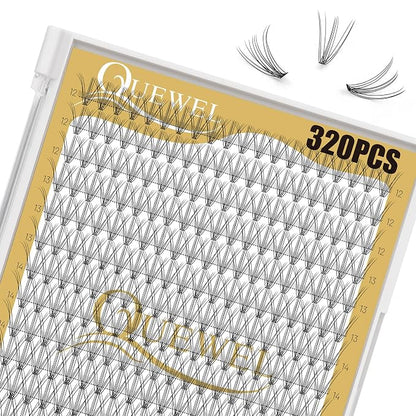 QUEWEL Lash Clusters 320Pcs 10D D Curl Lash Cluster Eyelash Extensions | Cluster Lashes Mix12-18mm Individual Eyelashes Clusters Wispy Lash Clusters Thin Band Soft to Use at Home(10D D Mix12-18)