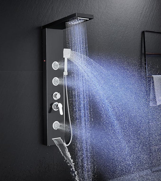 Multi-Function LED Lights Shower Panel System Black, 5 in 1 Shower Panel Include Rainfall & Waterfall Shower Head, 3 Pcs Adjustable Massage Jets, Handheld Shower, Tub Spout