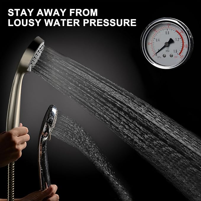 YOO.MEE High Pressure Handheld Shower Head, Power Boost Resists Low Flow | Against weak pressure, pulsating for deep rinsing, with 79 inch stainless steel hose, rotatable mount arm, brushed nickel