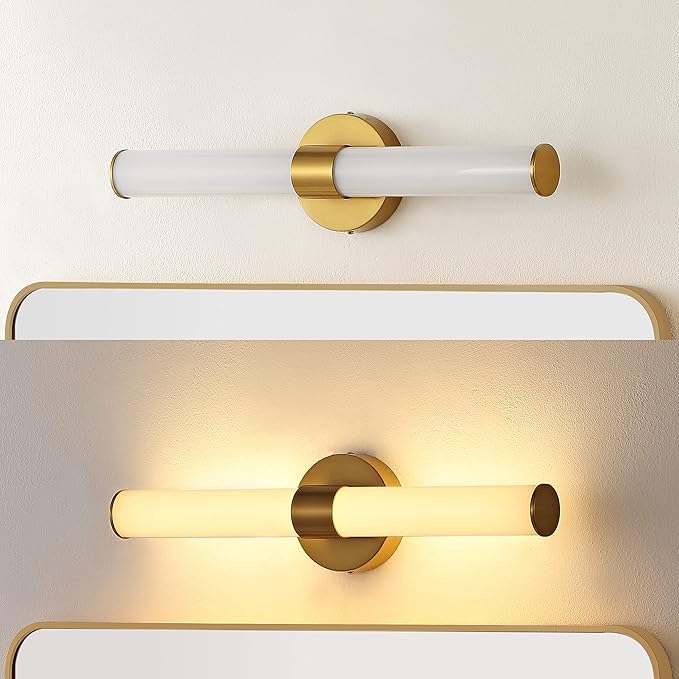 JONATHAN Y 20.13" Brass Gold 1-Light Integrated LED Vanity Light, Mid-Century Modern Iron Sconce with Frosted Acrylic Shade, Dimmable Bathroom Light Fixture for Mirror, 3000K JYL7119A