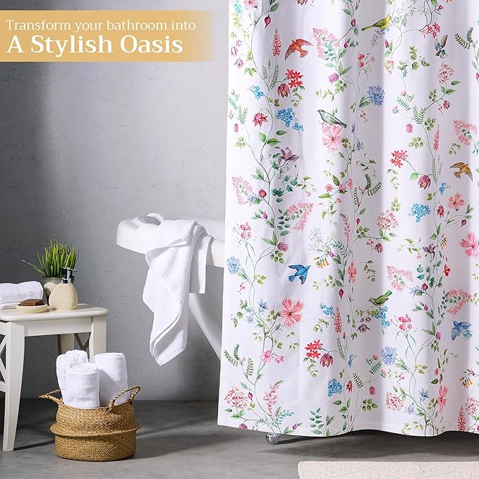 Maison d' Hermine Shower Curtain 100% Cotton One Panel 70"x72" Washable Fabric Shower Curtains for Bathroom, Easy Hanging with 12 Button Holes - Home Hotel Spa Easter Gifts(Neo Ipomee - Multi)