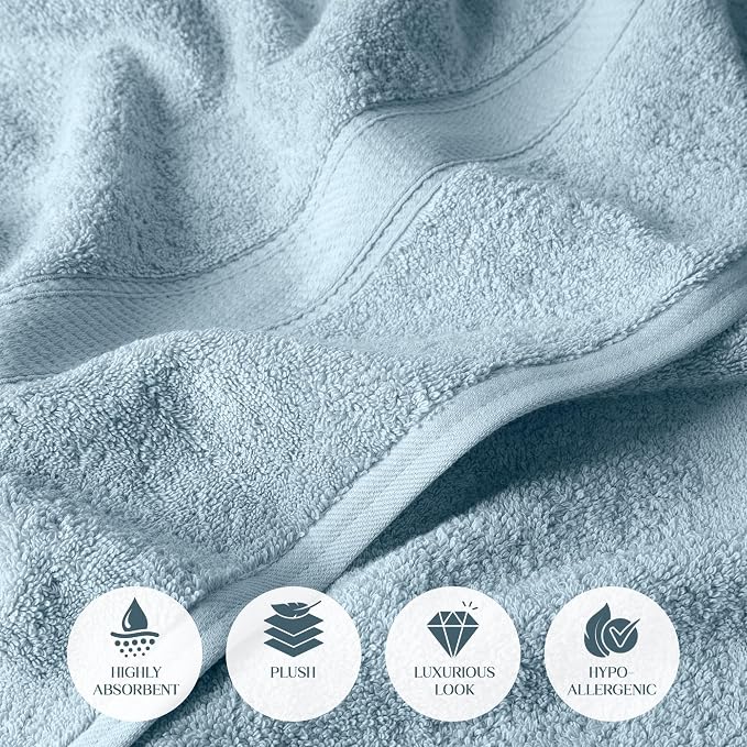 SUPERIOR Egyptian Cotton Ultra Plush & Absorbent, 3 Piece Set, Light Blue | Quick Dry, Soft Luxury Towel Set, Bath Essentials, Guest Bath, Spa, 1 Bath, 1 Hand, 1 Face Towels, Madeline Towels