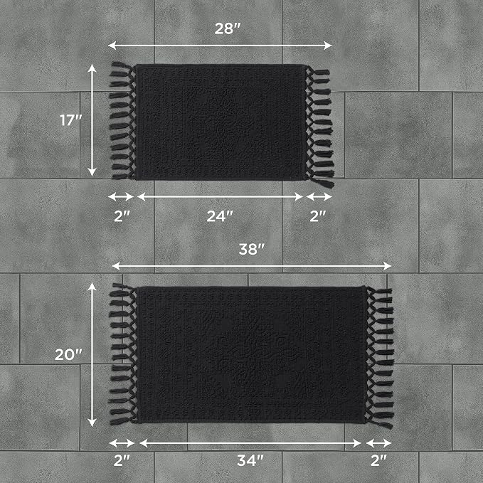 French Connection Nellore Bathroom Rugs, Set of 2 Woven and Beaded, Durable Bath Rugs, Thick Bath Mats for Bathroom and Shower Rugs, 20'' x 34'' and 17'' x 24'', Black