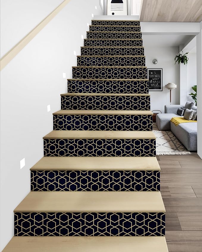FLFK Rhombic Black and Gold Texture Stair Stickers - Set of 15, Peel and Stick Stair Riser Decals, 39.3"x7.08"
