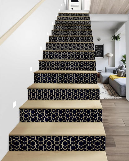 FLFK Rhombic Black and Gold Texture Stair Stickers - Set of 15, Peel and Stick Stair Riser Decals, 39.3"x7.08"