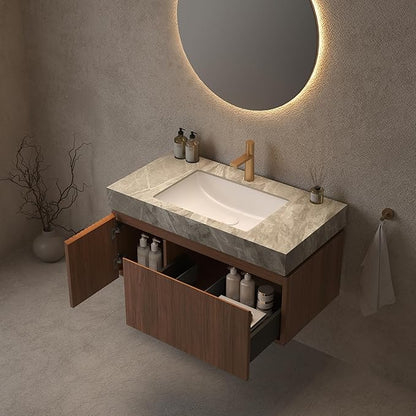 LKTART Floating 36 Inch Bathroom Vanity with Sink, Modern Plywood Wall Mounted Bathroom Storage Cabinet with 1 Door and 1 Drawer, Roma Travertine-Pattern Sintered Stone Countertop and Ceramic Basin
