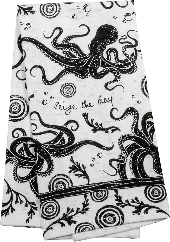 Karma Gifts KA101944 Black And White Boho Tea Towel,Cotton, Octopus 18" x 22"