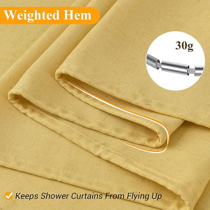 Yellow Linen Shower Curtain, Country Boho Farmhouse Bath Decor Shower Curtains Neutral Cloth Weighted Textured Fabric Bath Curtain Liner with Hooks, 72x72