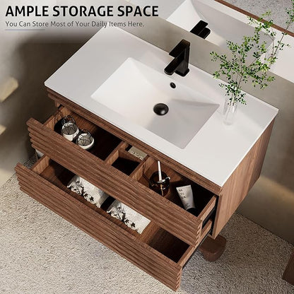 eclife 36" Floating Bathroom Vanity with Sink Combo Mid-Century Wall Mounted Cabinet with Wood Stripes Decor, Drawers, Undermount Single Sink, Faucet, Drain, Cocoa Brown