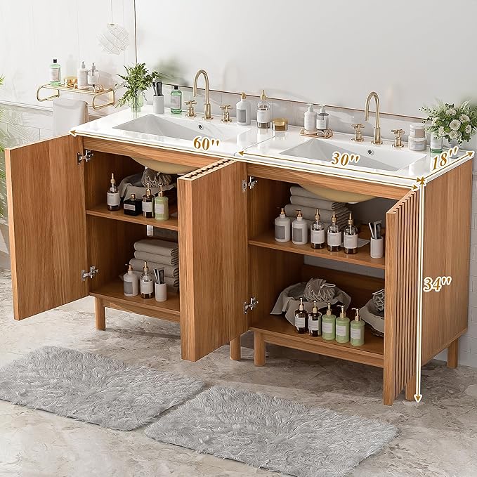 60″ Bathroom Vanity with Ceramic Sink, Modern Bathroom Vanity Cabinet with 4 Doors, Freestanding Mid-Century Restroom Sink Cabinet Combo with U-Shaped Adjustable Shelf (60")