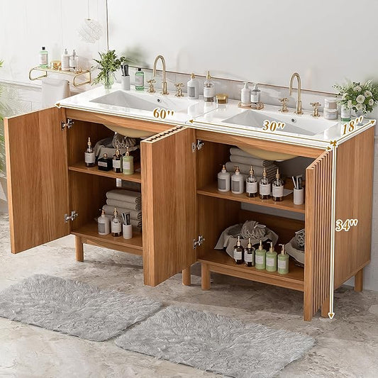 60″ Bathroom Vanity with Ceramic Sink, Modern Bathroom Vanity Cabinet with 4 Doors, Freestanding Mid-Century Restroom Sink Cabinet Combo with U-Shaped Adjustable Shelf (60")