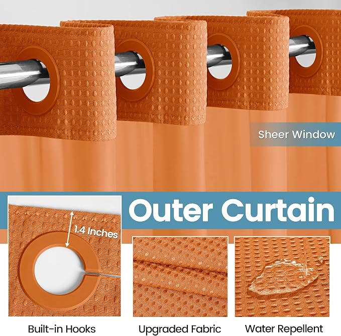 EUTXL Heavyweight Burnt Orange No Hook Shower Curtain with Snap in Liner,256GSM Waffle Weave Shower Curtains for Bathroom,71W x 74H
