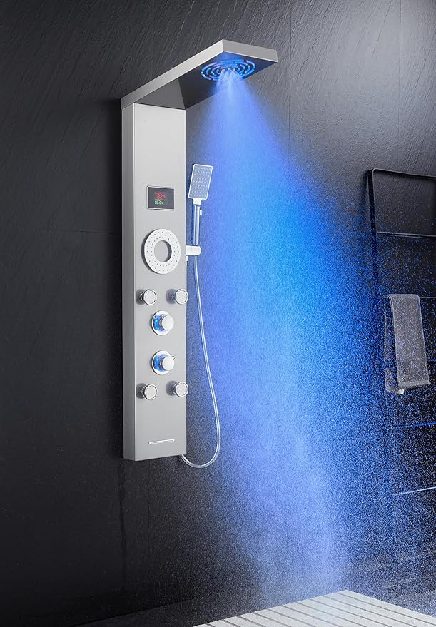 LED Shower Panel Tower System, Stainless Steel Rainfall & Mist Shower Tower, 5 Body Jets, Handheld Shower, Tub Spout and Hydroelectricity Temperature Display, Brushed Nickel