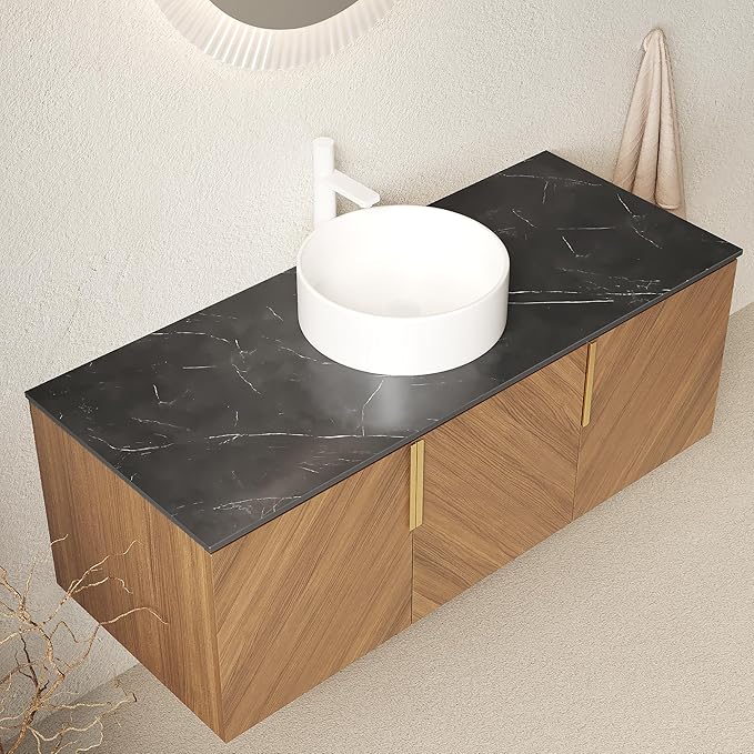 48 Inch Bathroom Vanity with Single Sink, Floating Bathroom Vanity with Vessel Sink, Modern Bathroom Vanity Cabinet with 3 Doors, Sintered Stone Countertop and Ceramic Sink,Brown Oak