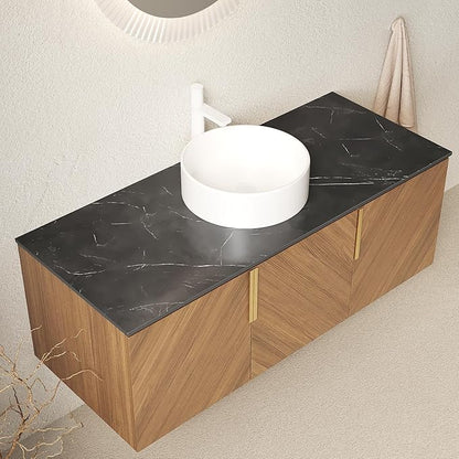 48 Inch Bathroom Vanity with Single Sink, Floating Bathroom Vanity with Vessel Sink, Modern Bathroom Vanity Cabinet with 3 Doors, Sintered Stone Countertop and Ceramic Sink,Brown Oak