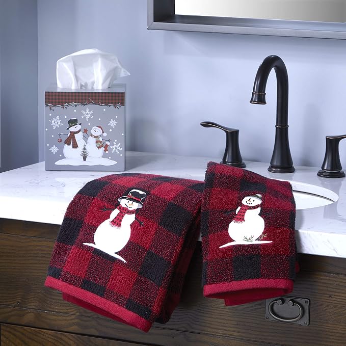 SKL Home Christmas Woodland Winter Snowman Hand Towel Set-2pc, Red | 100% Cotton. 450 GSM. Soft, absorbent jacquard. Plaid buffalo check with embroidery. For the bathroom, kitchen or bar & gift.