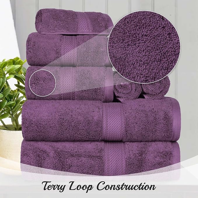 SUPERIOR Egyptian Cotton Ultra Plush & Absorbent, 8 Piece Set, Plum | Quick Dry, Soft Luxury Towel Set, Bath Essentials, Guest Bath, Spa, 2 Bath, 2 Hand, 4 Face Towels, Madeline Towels