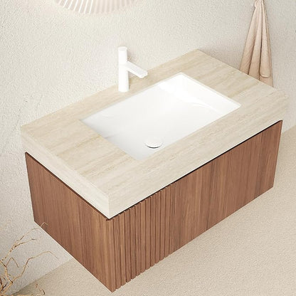 Ambrovina 36" Floating Bathroom Vanity with Sink, Modern Plywood Bathroom Storage Cabinet with Drawer and Door, Roma Travertine-Pattern Countertop, White Ceramic Basin, Pre-Assembled, Dark Oak